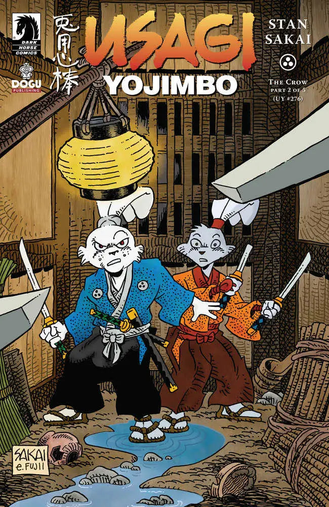 Comic book cover of Usagi Yojimbo: The Crow #2 with sword-wielding rabbits in Japan
