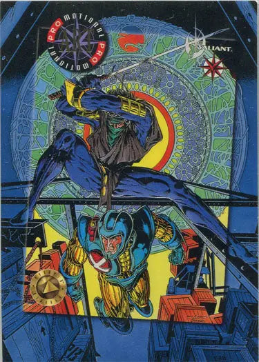 Colorful surrealist painting on Valiant Era Series 1 promotional art card PA1 Ninjak