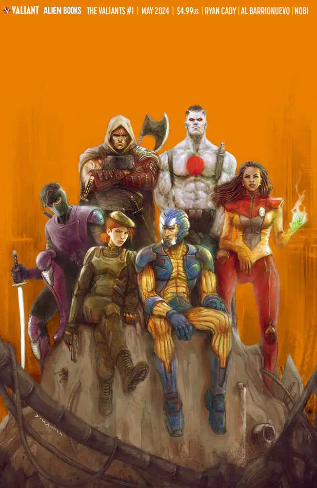 Comic book-style superhero team on rocky terrain, ideal for trading cards collectors