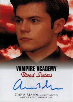 Autograph card of Chris Mason as Ray Sarcozy on red background from Vampire Academy Blood Sisters