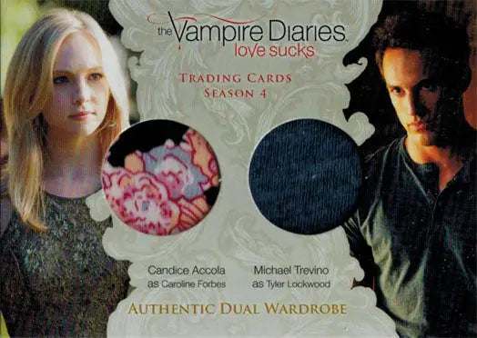 Trading card showcasing fabric swatches from Vampire Diaries costumes Candice Accola Trevino