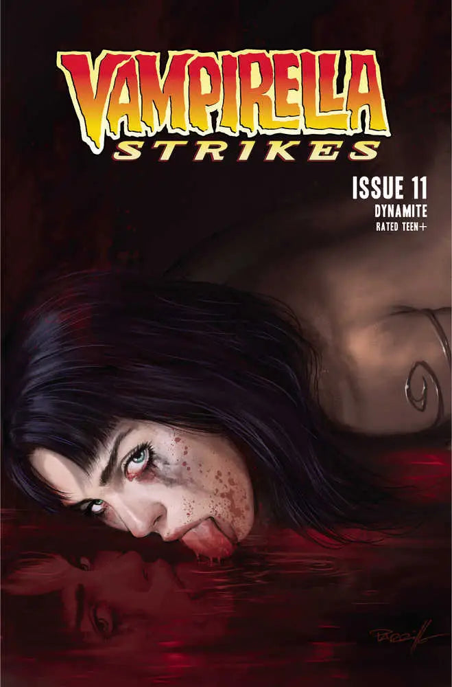 Comic book cover for Vampirella Strikes #11 with dark-haired figure in red background