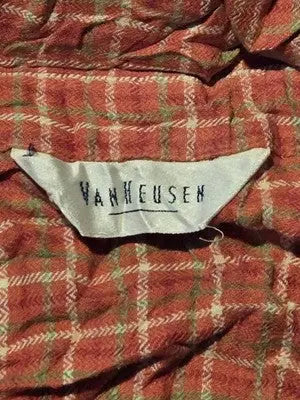 Van Heusen Shirt Mens S-M Long Sleeve Plaid Button Up Red Orange Casual Classic - Apparel