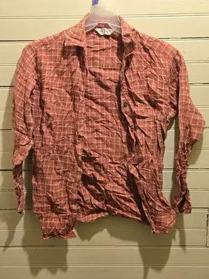 Van Heusen Shirt Mens S-M Long Sleeve Plaid Button Up Red Orange Casual Classic - Apparel