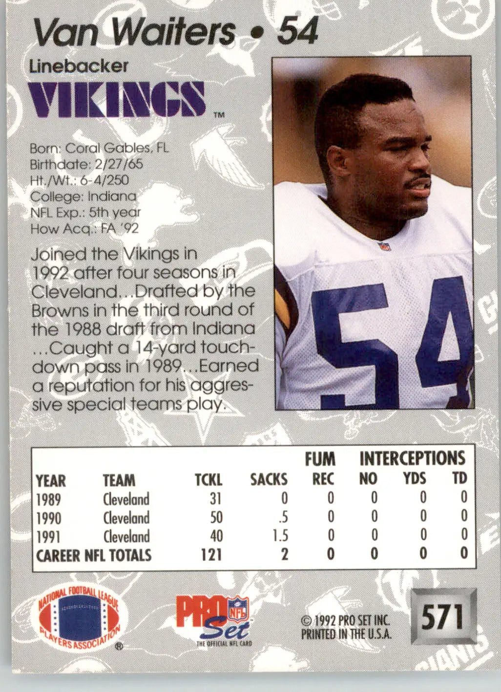 Van Waiters - 1992 Pro Set - #571 - RC Football - Football Card Single