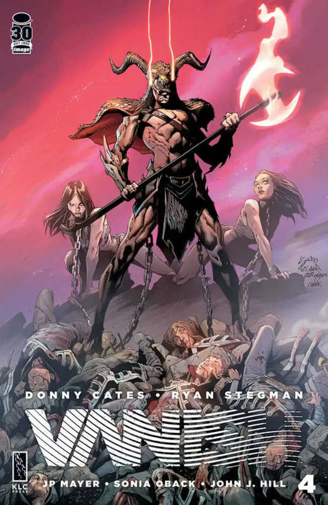 Horned warrior in dark armor with flaming weapon on Vanish #4 Stegman Foil variant