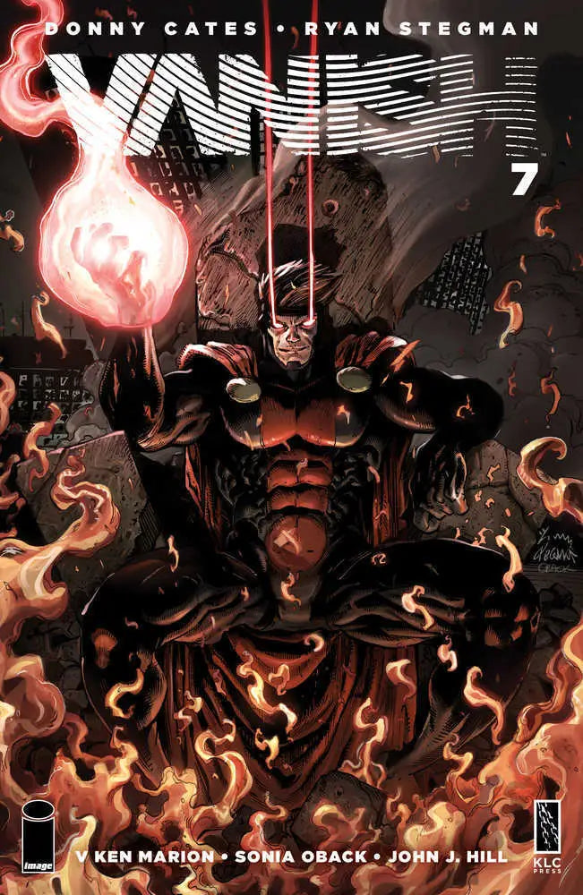 Demonic figure from flames with red eyes on Vanish #7 Stegman Foil trading card cover