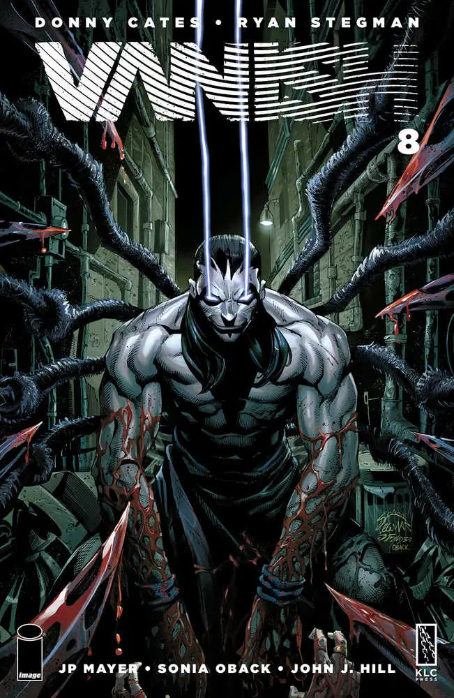 Muscular figure ready for combat on Vanish #8 Stegman foil trading card cover