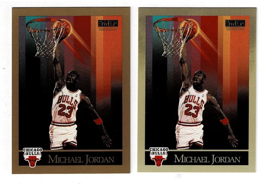 Two Michael Jordan basketball trading cards with green tint from 1990-91 SkyBox product