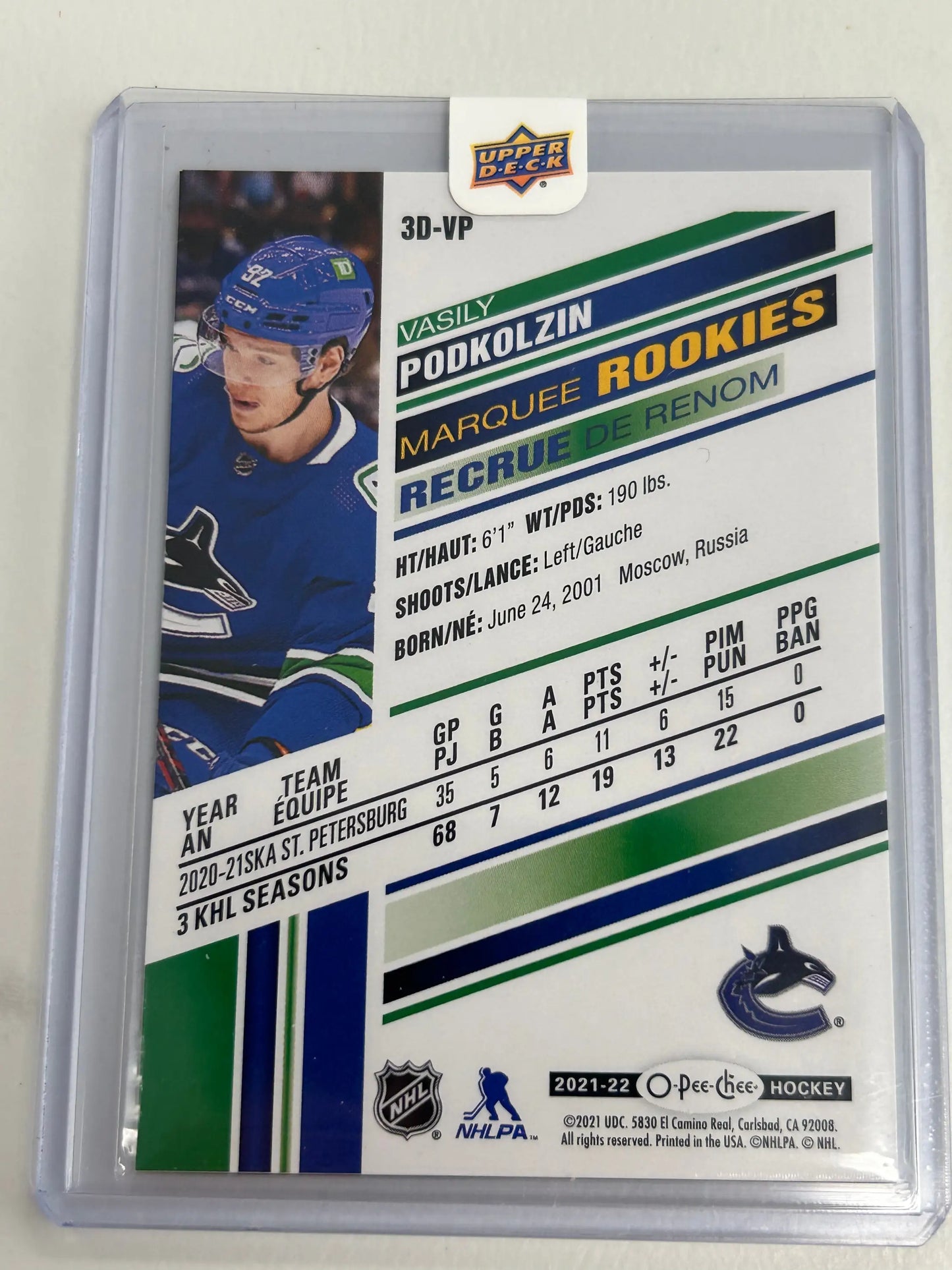 Vasily Podkolzin 2021 Upper Deck OPC 3D Rookie - Hockey Card Single