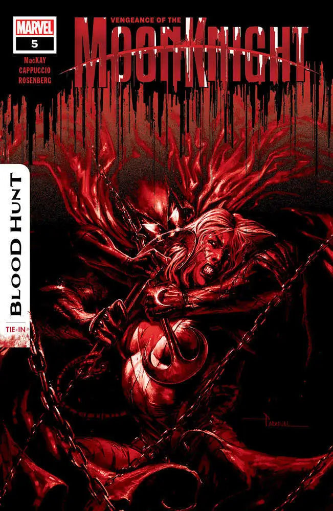 Dark red Moon Knight comic cover with a supernatural figure and blood-like tendrils