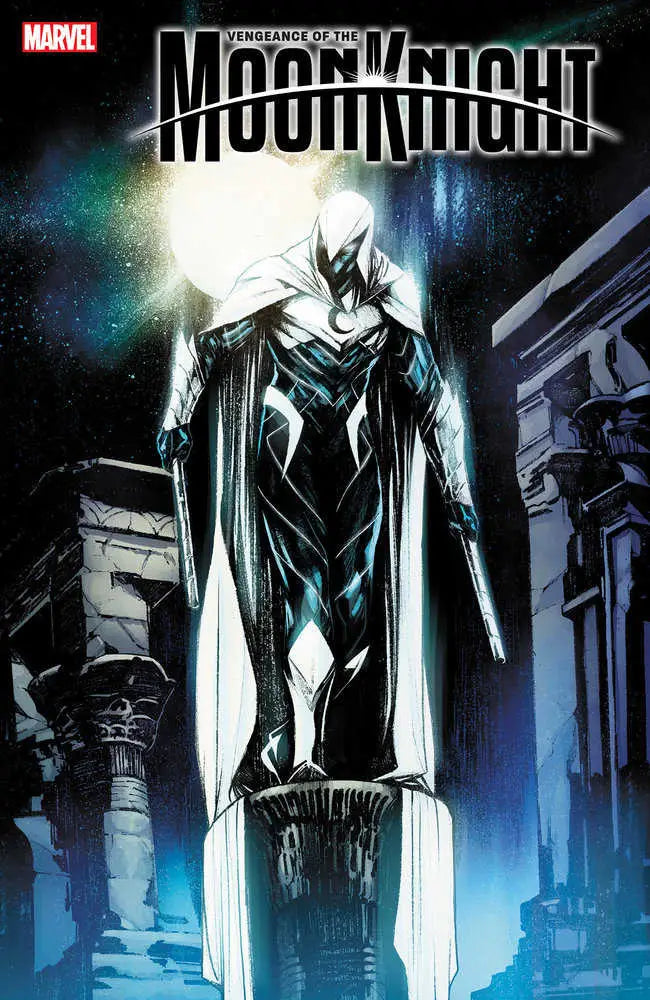 Caped Moon Knight in white and black costume on pedestal from Vengeance Of The Moon Knight #8