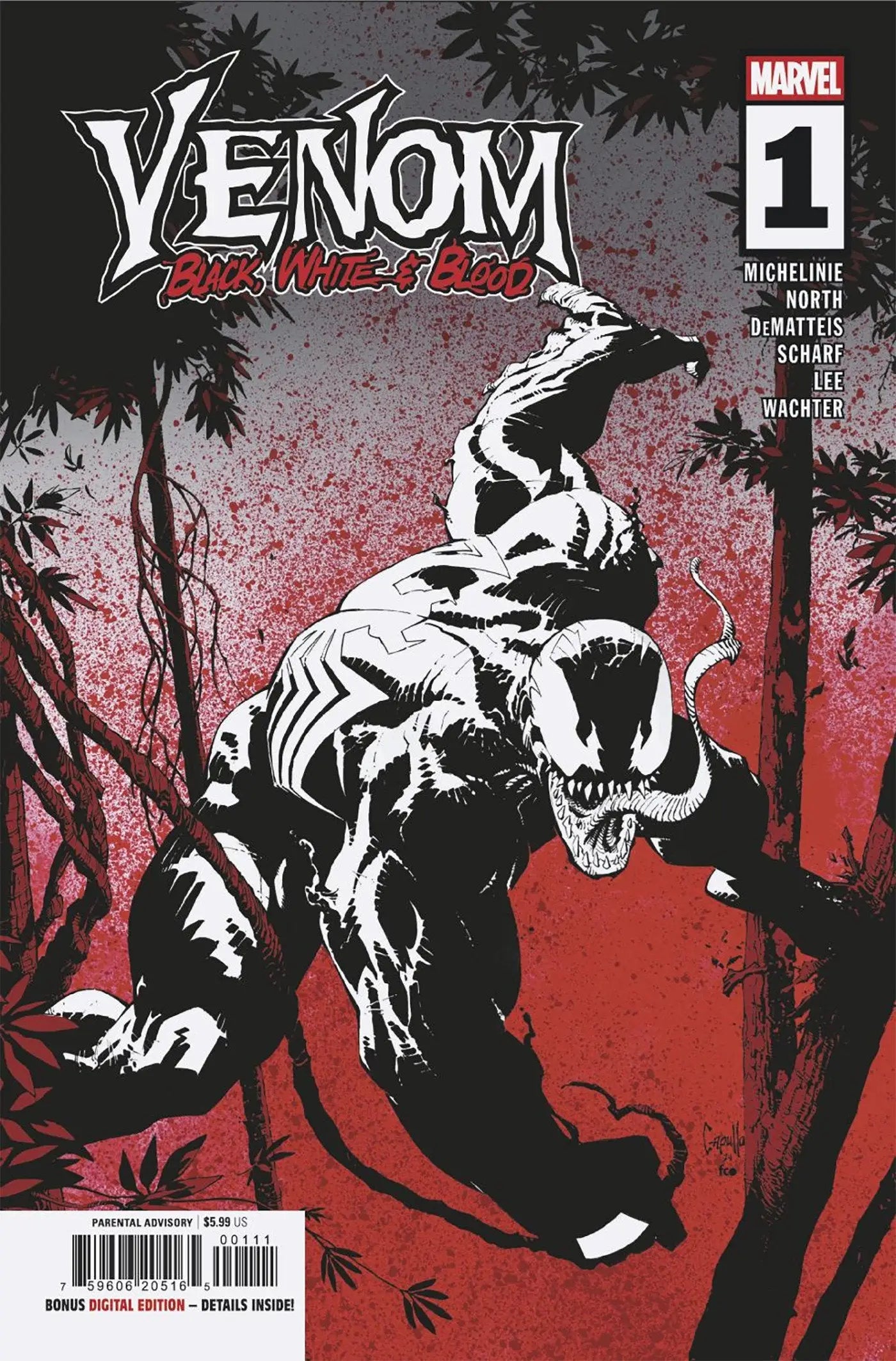 Comic book cover of Venom Black White & Blood #1 featuring Venom in black and white art style