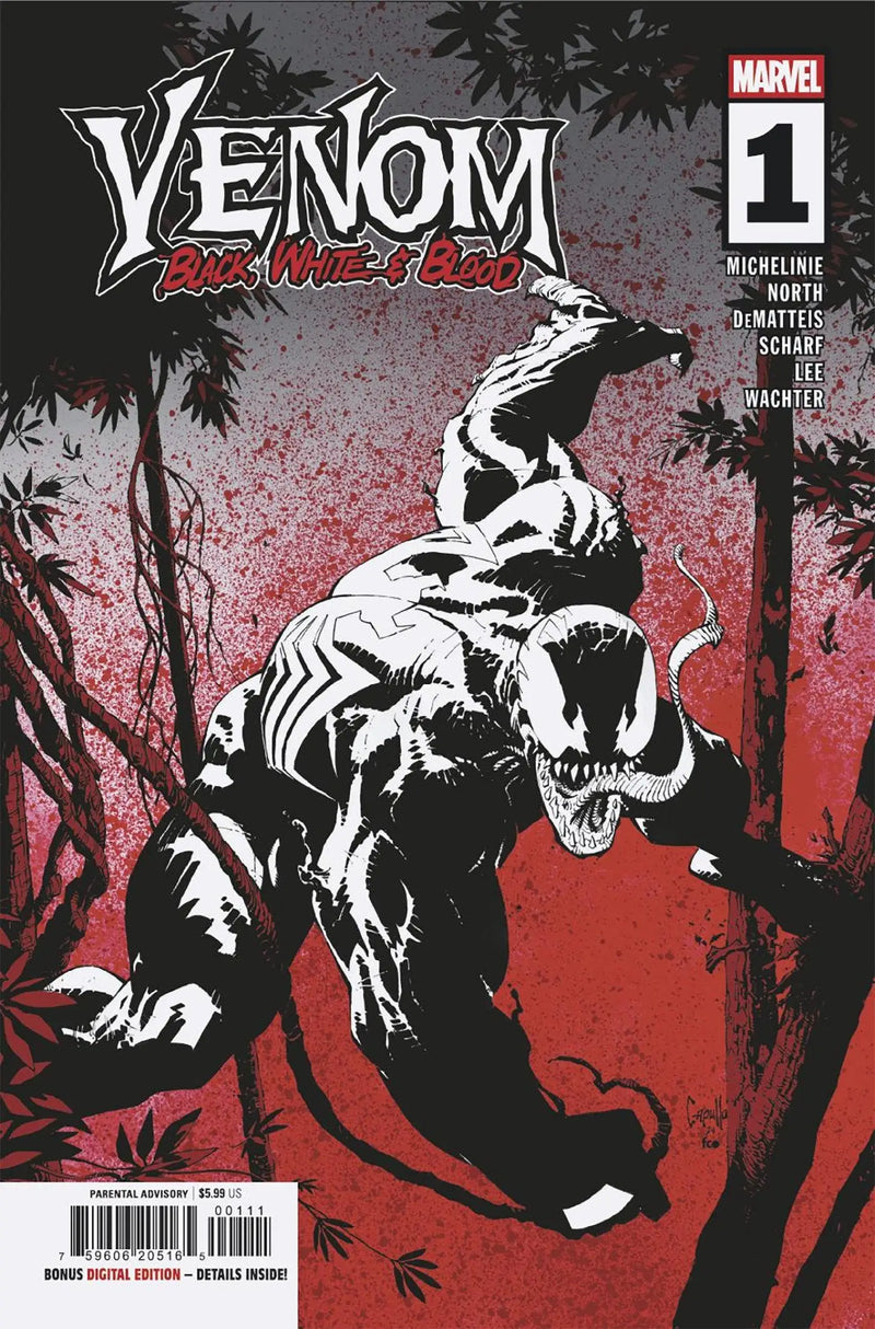 Comic book cover of Venom Black White & Blood #1 featuring Venom in black and white art style