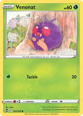 Venonat - Silver Tempest - 001/195 - Reverse Holo LP Pokemon - Pokémon Card Single