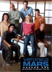 Promotional poster for Veronica Mars featuring main cast on a promo card