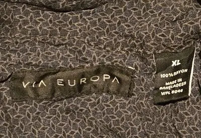 Via Europa Shirt Mens XL Short Sleeve Button Up Crinkle Texture Navy Rayon Print - Apparel