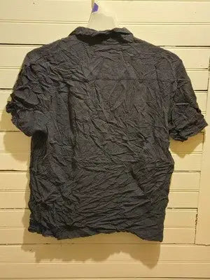 Via Europa Shirt Mens XL Short Sleeve Button Up Crinkle Texture Navy Rayon Print - Apparel