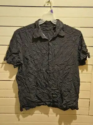 Via Europa Shirt Mens XL Short Sleeve Button Up Crinkle Texture Navy Rayon Print - Apparel