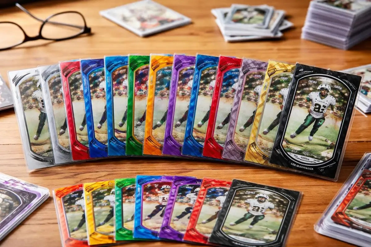 a vibrant collection of prizm basketball cards featuring players in action encased in glossy rainbow-colored protective sleeves with black-bordered frames for collectors in 2026