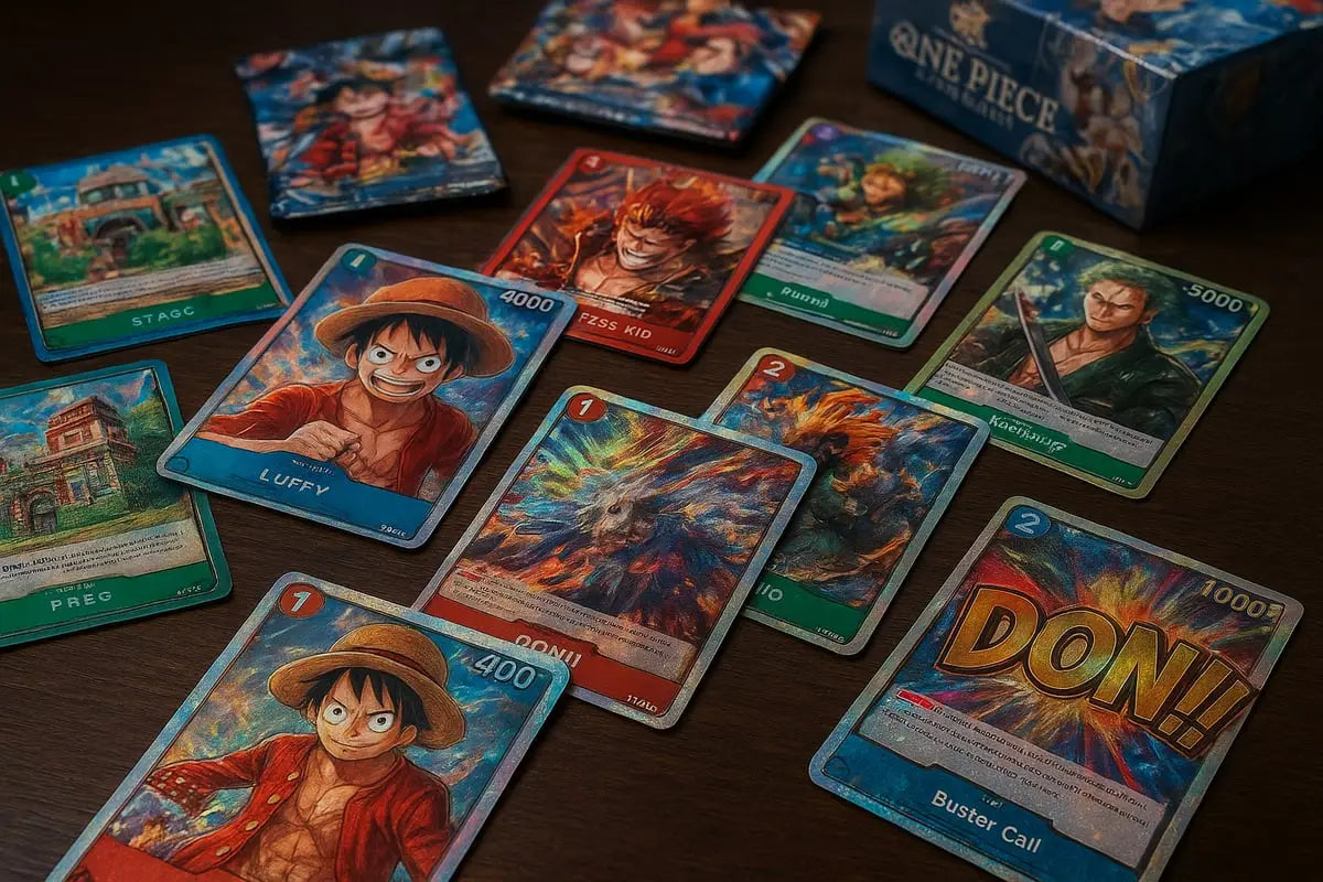 Luffy in red jacket on vibrant One Piece trading card