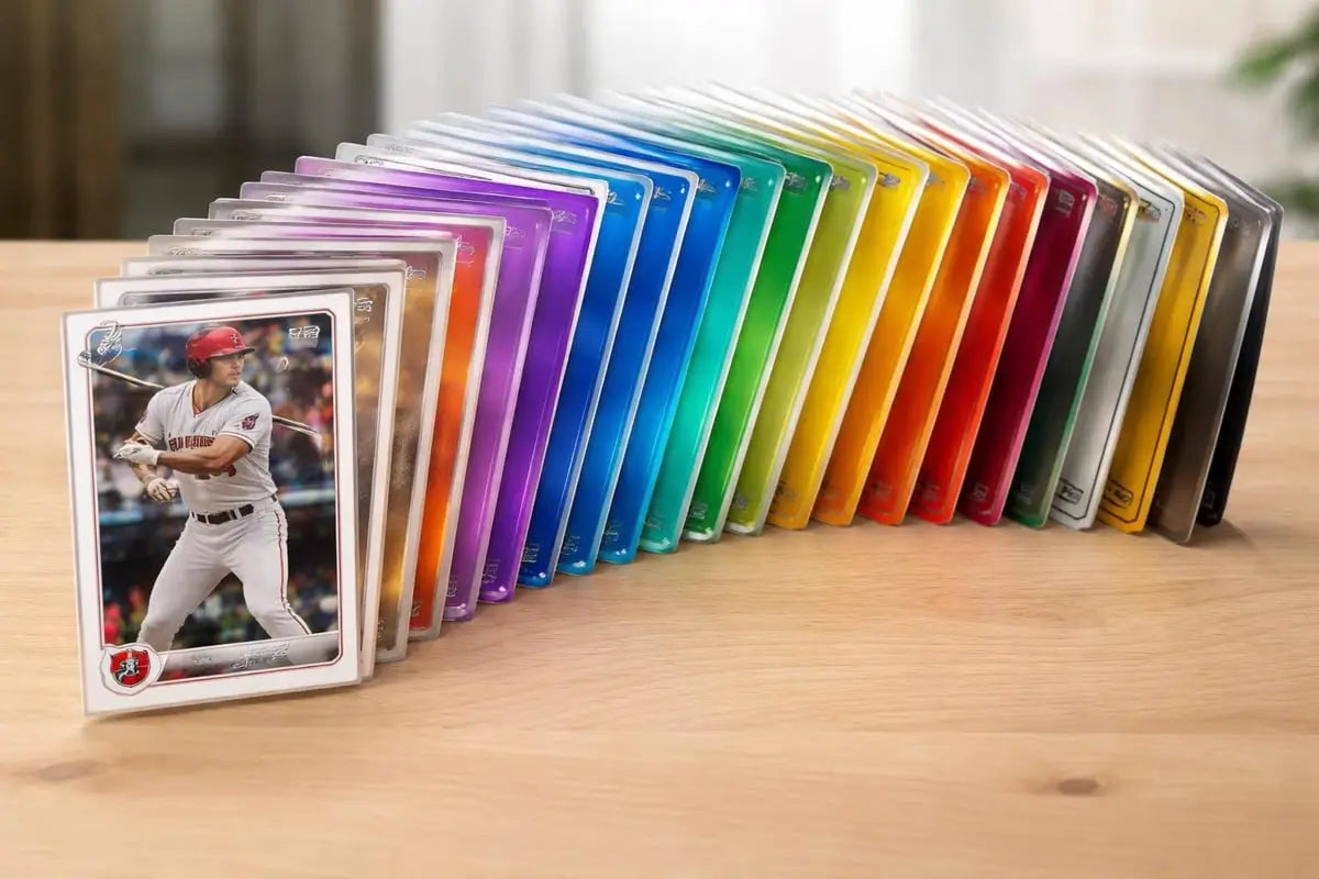 a vibrant rainbow array of collectible topps 2023 baseball trading cards in clear protective sleeves with a glossy finish showcasing flagship series and insert sets relevant for collectors and investors analyzing price points