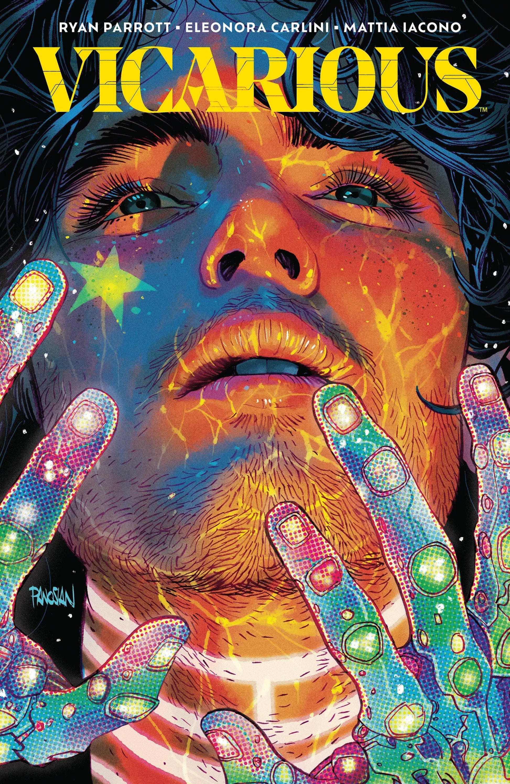Vicarious colorful comic book cover featuring a man with glowing hands and face