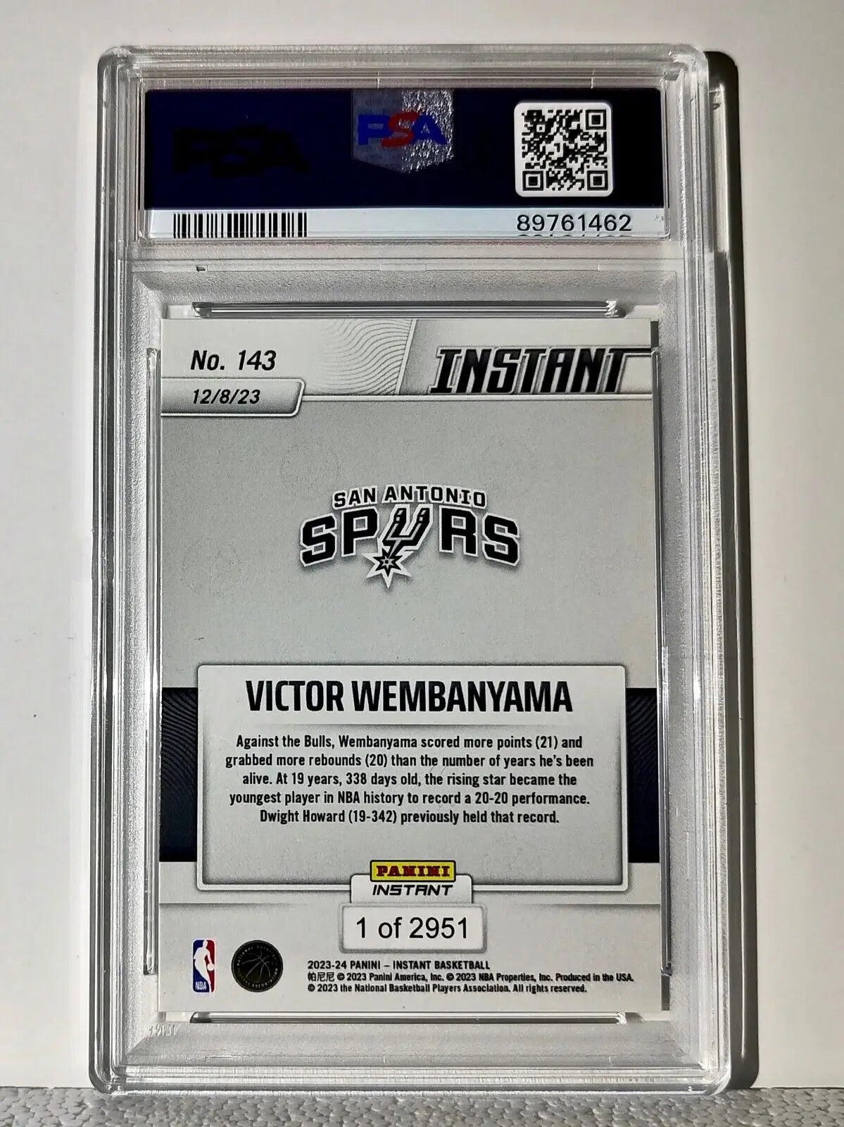 Victor Wembanyama 2023-24 Panini #143 NBA Rookie Basketball Card 1 of 2951 PSA 8 - Basketball Card Single