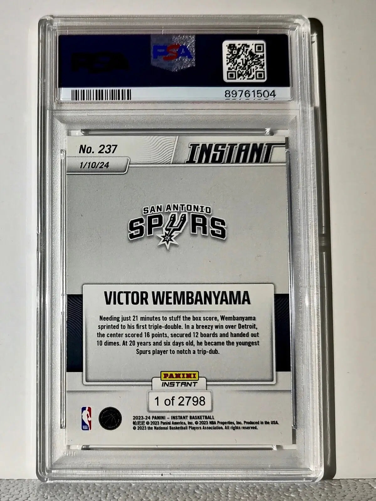 Victor Wembanyama 2023-24 Panini #237 NBA Milestone Rookie Card 1 of 2798 PSA 9 - Basketball Card Single