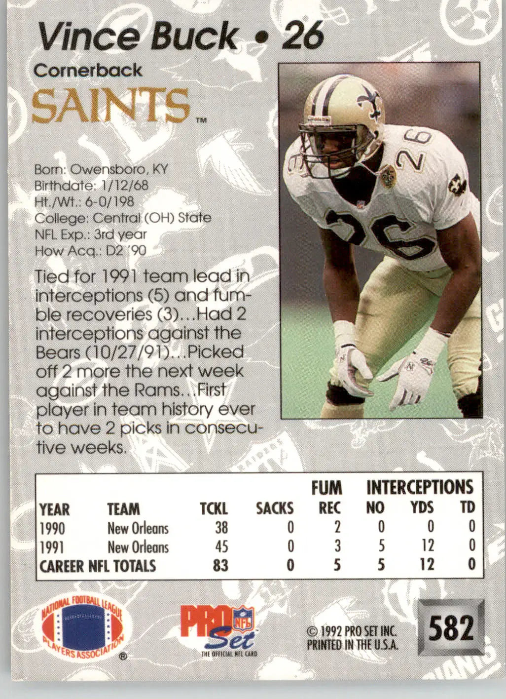 Vince Buck - 1992 Pro Set - #582 - Football - Football Card Single