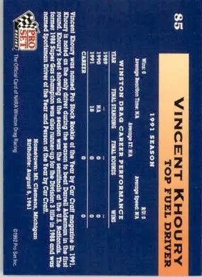 Vincent Khoury - 1992 Pro Set NHRA - #85 - Racing - Racing Card Single