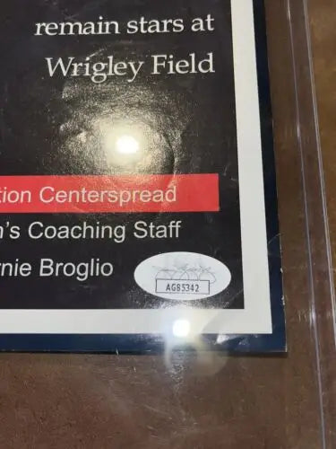 Framed baseball memorabilia featuring Vine Line Chicago Cubs magazine with dual autographs