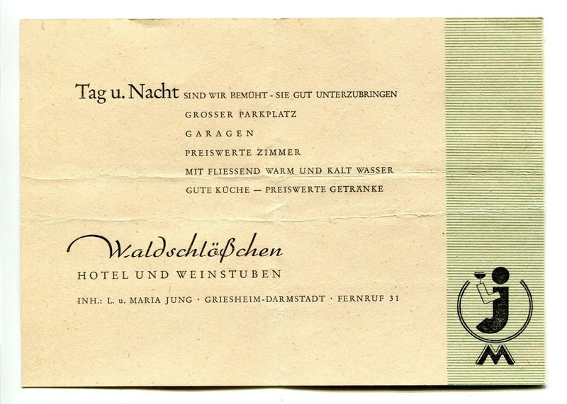 Vintage Waldschlobchen Hotel advertisement from WWII, ideal for trading cards collectors