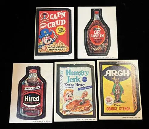 Vintage 1973 Topps Wacky Packages trading cards in a collectible sticker card lot