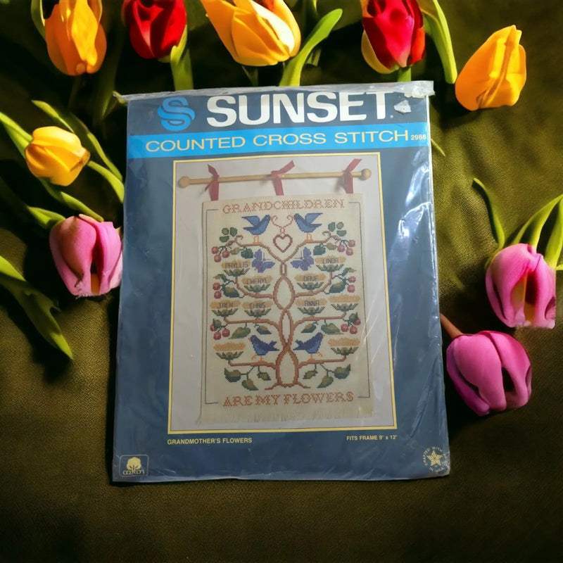 Sunset cross stitch kit featuring vintage 1986 Grandmother’s Flowers design
