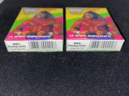 Two vintage WWF playing cards set featuring Superstars, both in mint sealed decks