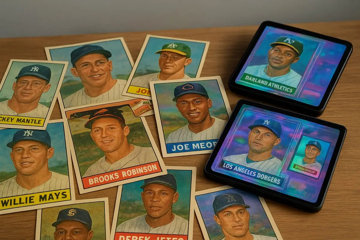Vintage baseball cards of Mickey Mantle and Joe DiMaggio with holographic replicas on tablets