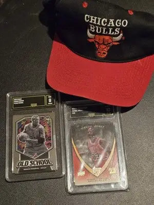 Vintage Chicago Bulls Snapback Hat + Michael Jordan & D.Rodman Graded card Lot - Sports Memorabilia