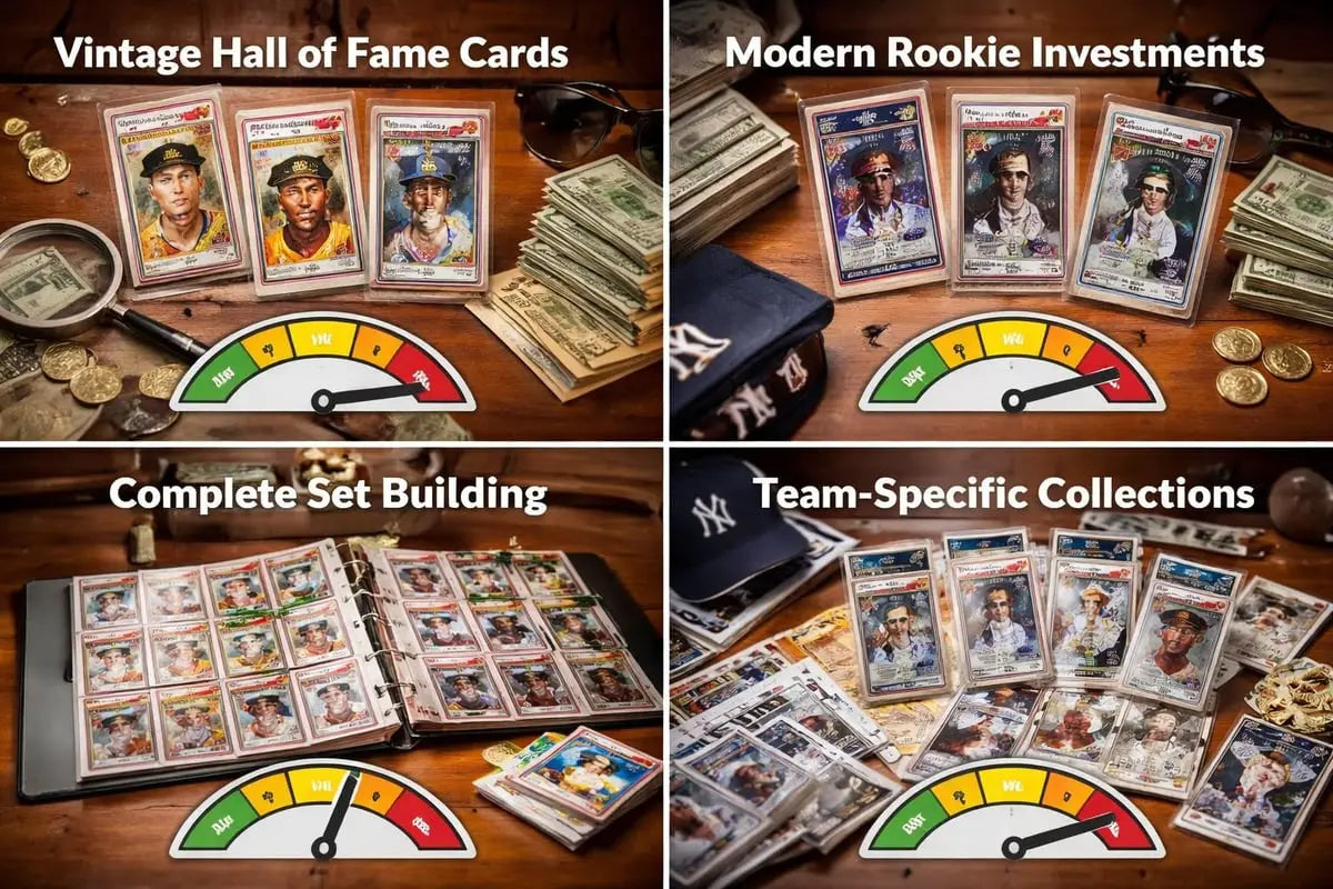 vintage hall of fame baseball cards in clear protective sleeves featuring colorful portraits and vintage-style designs highlighting their historical significance in baseball card collecting.