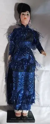 Vintage Made in Vietnam Heritage Asian Geisha Doll In Blue Dress 16’’ On Base - Other