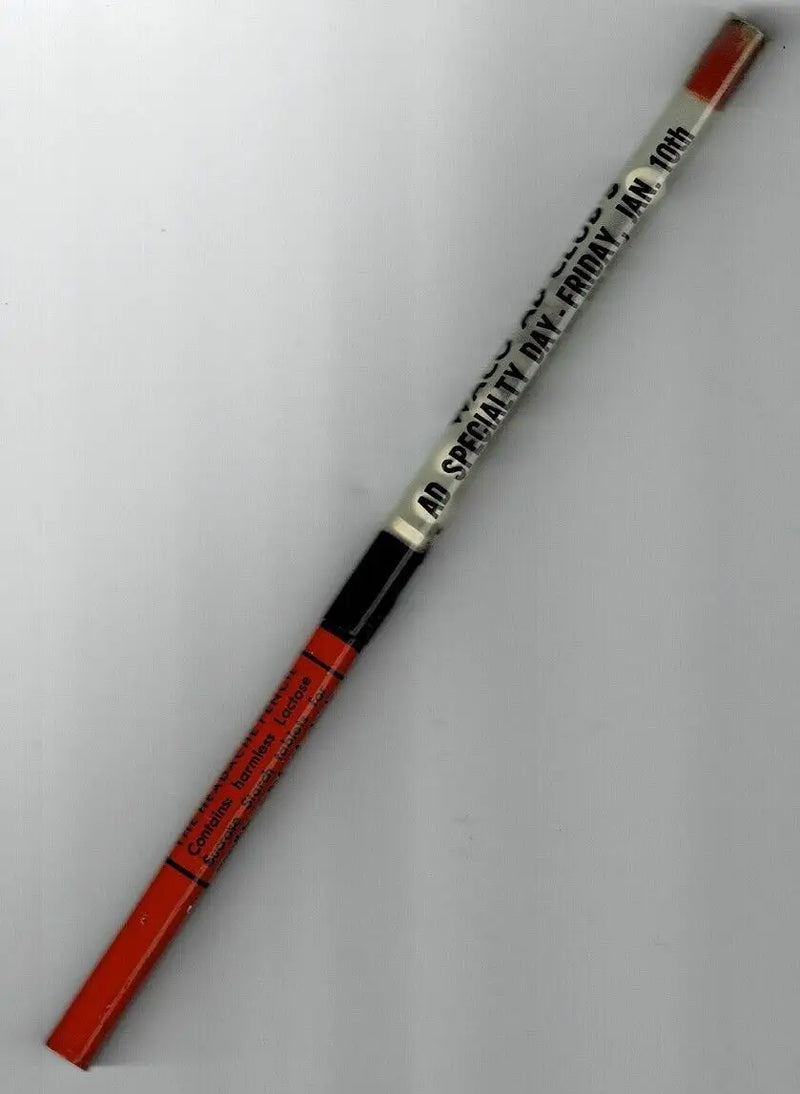 Red and silver promotional pencil from Vintage Medicine Pharmacy advertising medical tablets