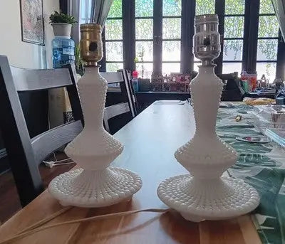Vintage Set(2)Fenton Milk Glass Hobnail Table Boudoir Light Lamps W/Shades 11” - Other