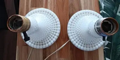 Vintage Set(2)Fenton Milk Glass Hobnail Table Boudoir Light Lamps W/Shades 11” - Other