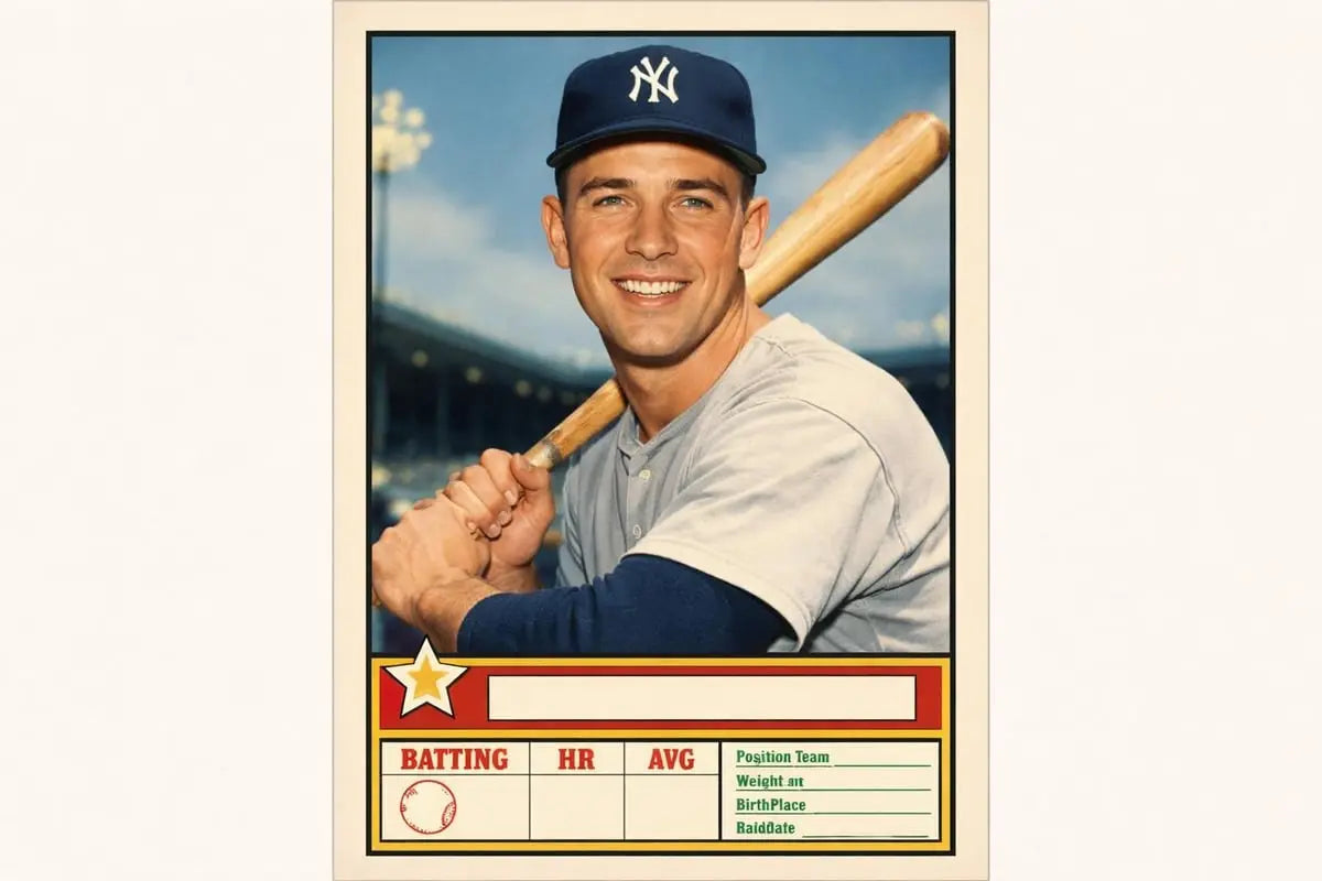 Vintage Topps trading card of smiling Yankees player with bat