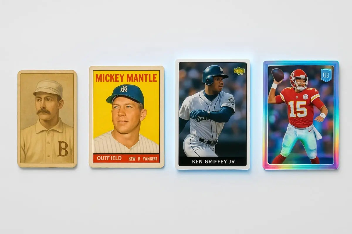 Vintage sports cards of Mickey Mantle, Ken Griffey Jr., and Chiefs QB in red uniform