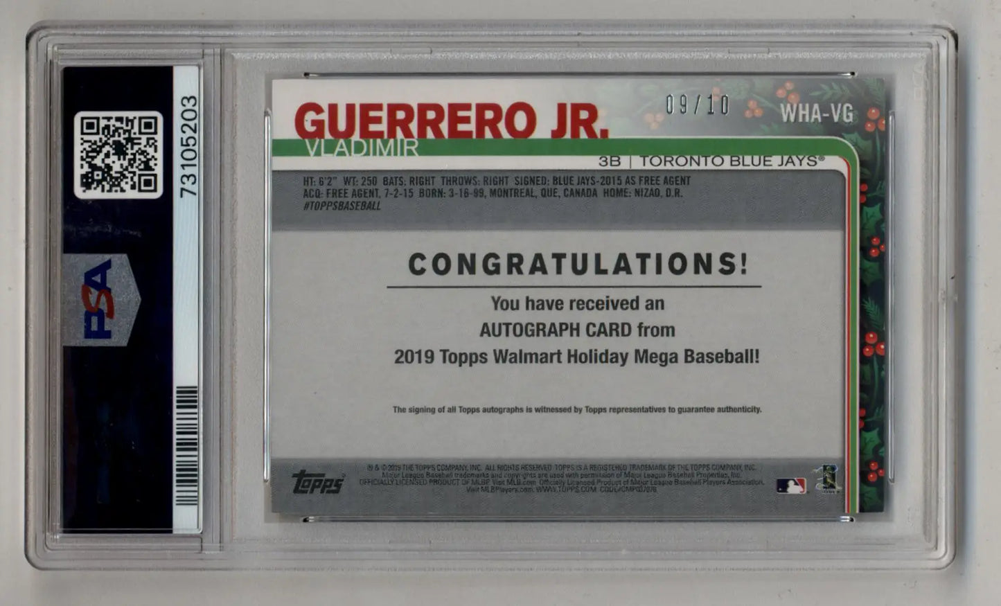 Vladimir Guerrero Jr 2019 Topps Holiday Auto 09/10 PSA 9 Mint - Baseball Card Single