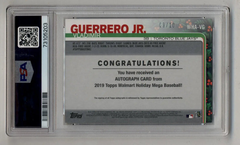 Vladimir Guerrero Jr 2019 Topps Holiday Auto 09/10 PSA 9 Mint - Baseball Card Single