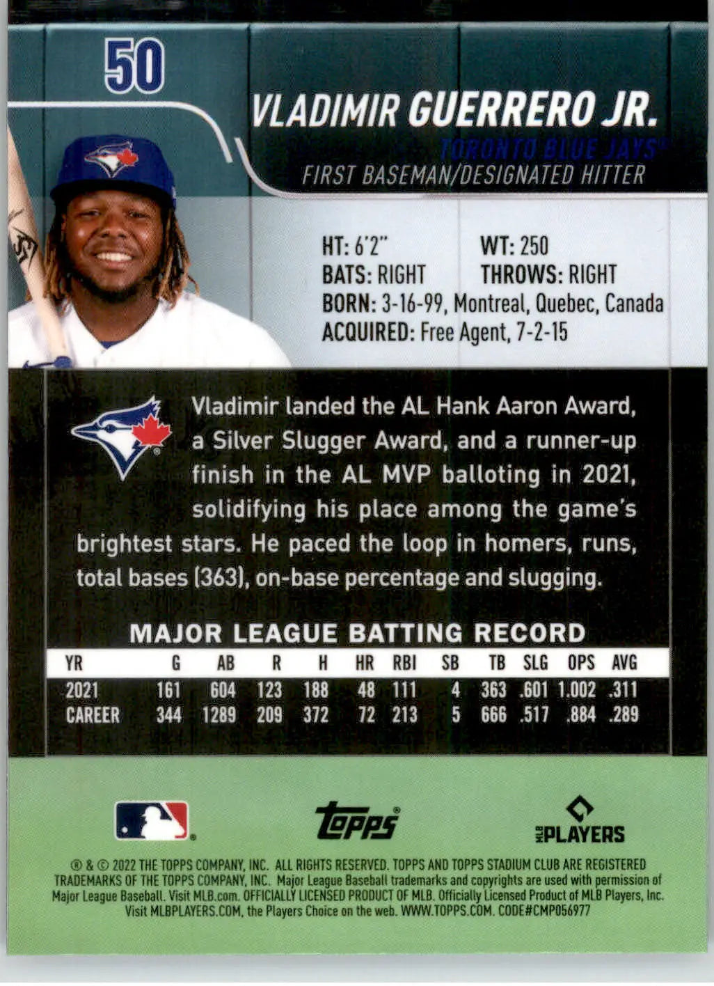 Vladimir Guerrero Jr. - 2022 Stadium Club Chrome - #50 - Baseball - Baseball Card Single