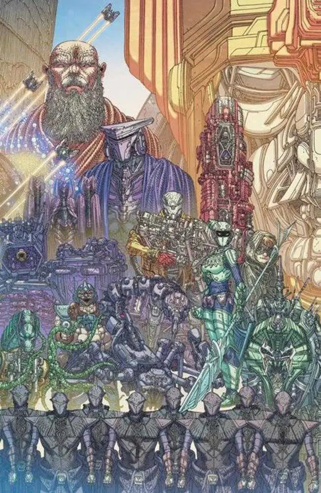Bearded dwarf warrior commands mechanical soldiers in Void Rivals #1 featured on trading cards