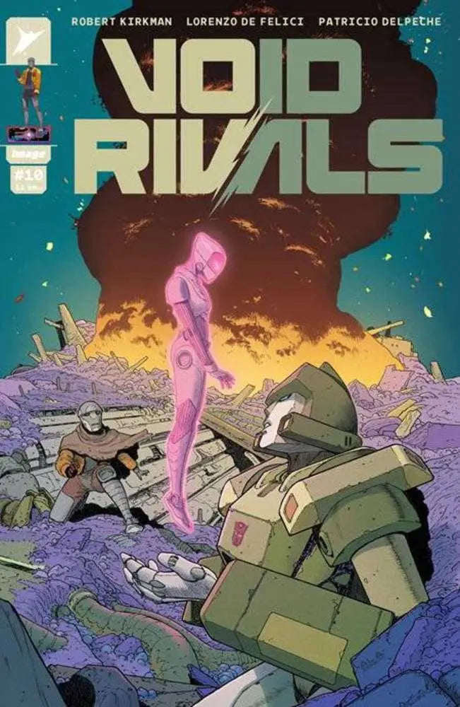 Comic book cover of Void Rivals featuring military robots and a pink holographic figure